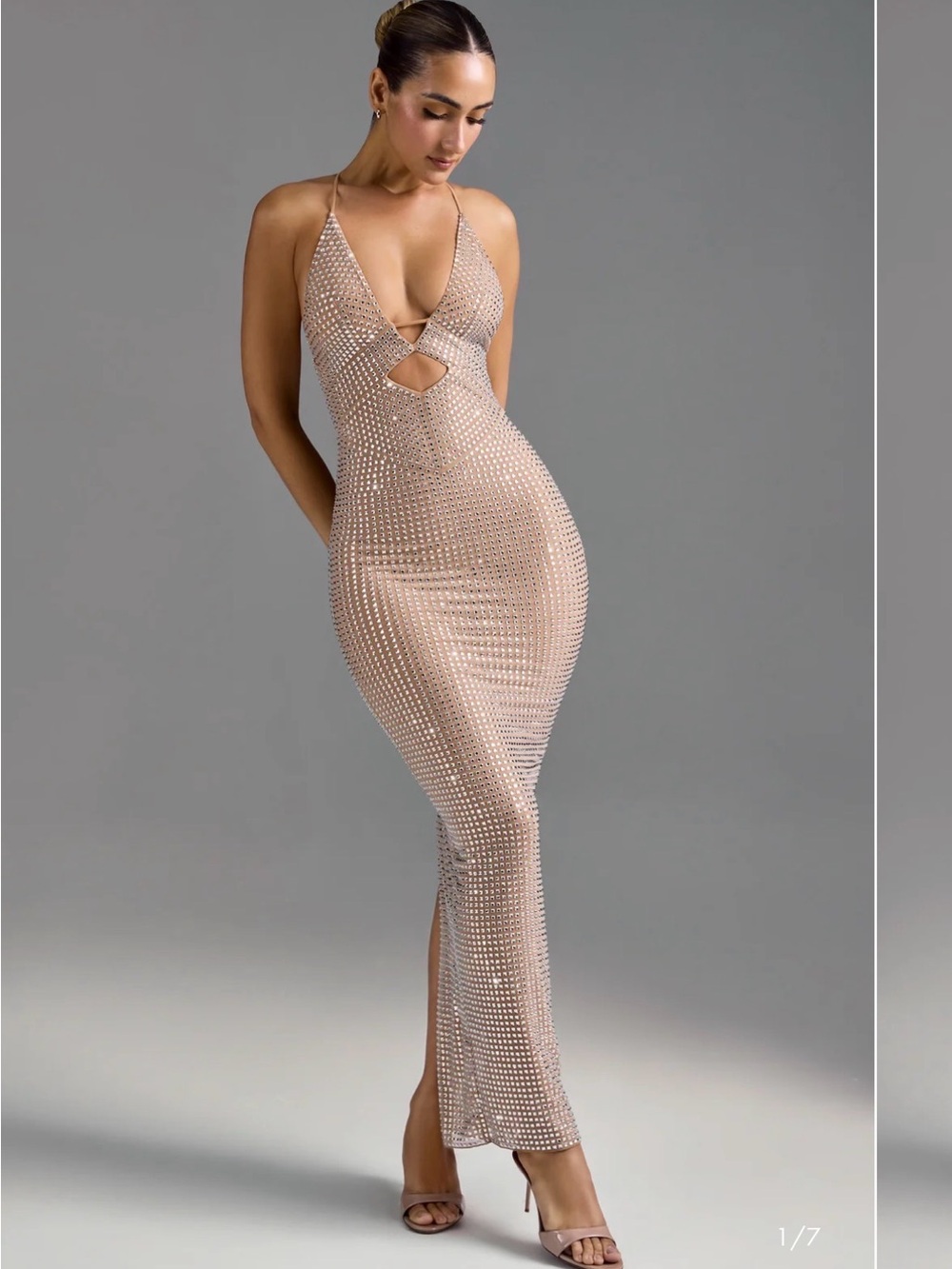Oh Polly Nude Embellished Plunge Maxi Dress